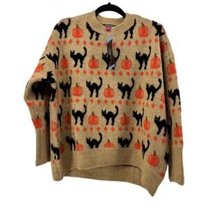 Vince Camuto Sz Large Womens Sweater Fall Black Cat Halloween Crewneck Pumpkin